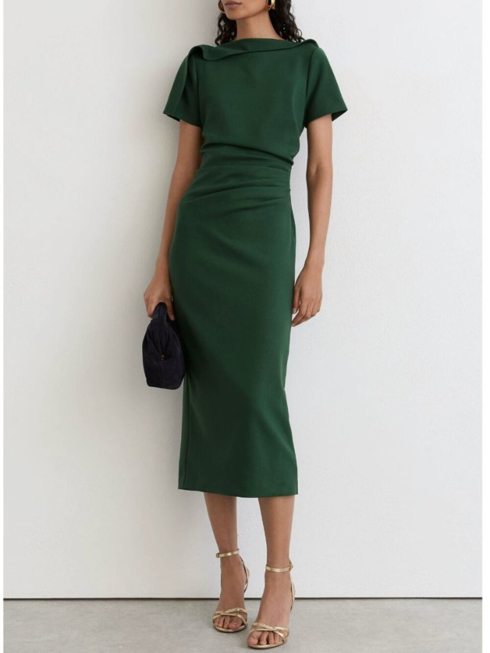 REISS Hilary Midi Dress Teal Green Ruched-Detail Boat-Neck Classic